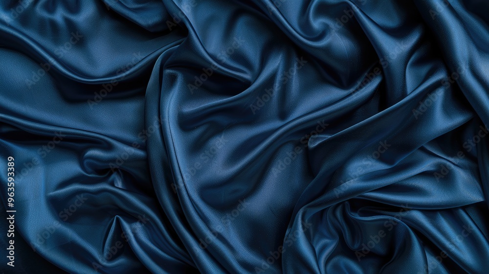 Obraz premium Deep blue silky fabric background with room for creative designs. Elegant banner on flatlay table, suitable for special occasions.