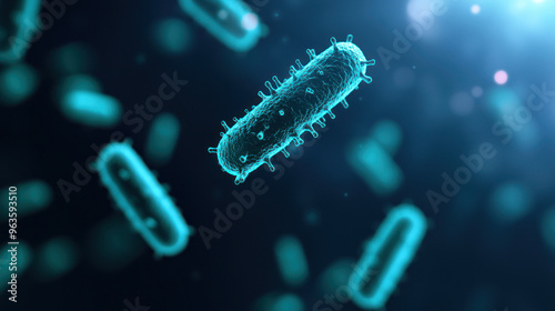 Close-up view of glowing bacteria in a dark environment, highlighting their unique shapes and structures in a vibrant microbial world. high quality