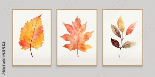 Watercolor Autumn Leaves Posters. AI generated illustration. photo