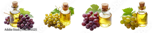 Grape seed oil in glass bottles surrounded by fresh grapes and leaves natural ingredient transparent background