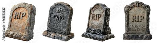 Old gravestones with engraved RIP letters worn stone texture Halloween graveyard decorations transparent background 