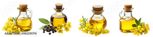 Glass bottle with rapeseed oil surrounded by yellow flowers and green leaves natural ingredient transparent background	 photo