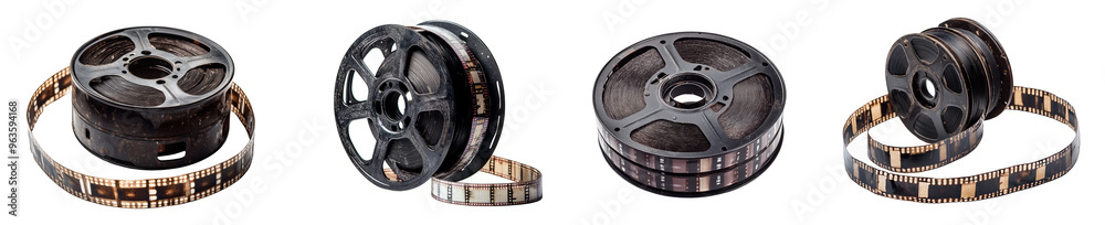 Obraz premium Vintage film reels with strips of film for cinematic and retro media transparent background 