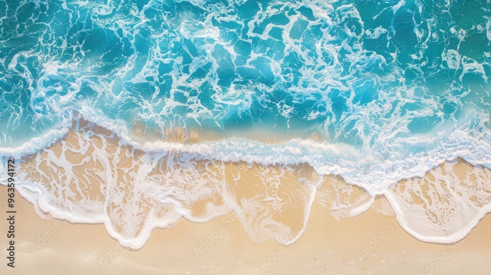 Fototapeta premium Gentle blue ocean waves on sandy beach backdrop.
