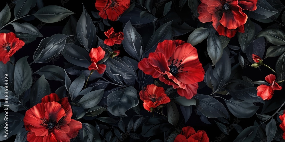 Sophisticated floral pattern with red flowers and black leaves on a dark background. AI generated illustration Sophisticated floral pattern with red flowers and black leaves on a dark background. AI generated illustration