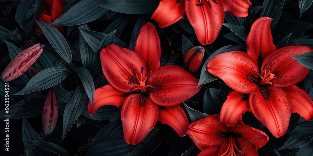 Striking red lilies with dark leaves on black background. AI generated illustration Striking red lilies with dark leaves on black background. AI generated illustration