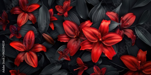 Striking red lilies with dark leaves on black background. AI generated illustration