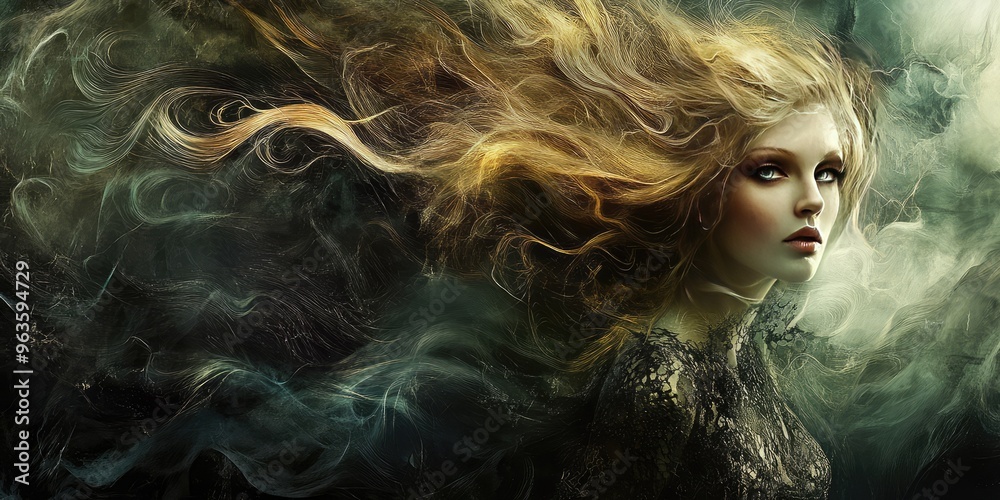 Fototapeta premium Surreal abstract woman with flowing hair in a dark baroque style, blending intricate elegance with a mystical aura. AI generated illustration.
