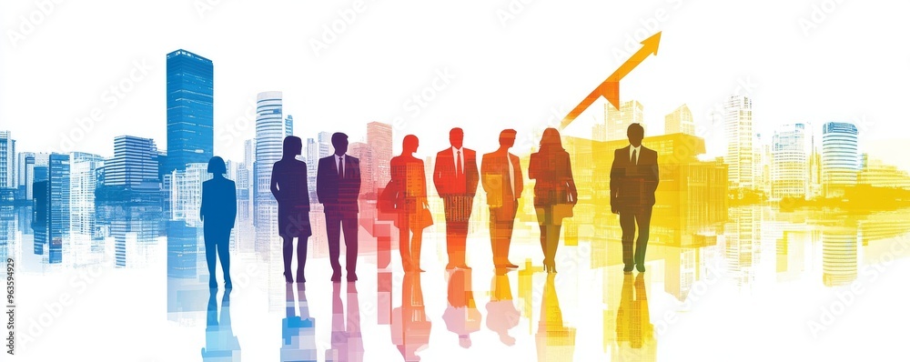 Business people standing in front of colorful city skyline with reflections Business people standing in front of colorful city skyline with reflections