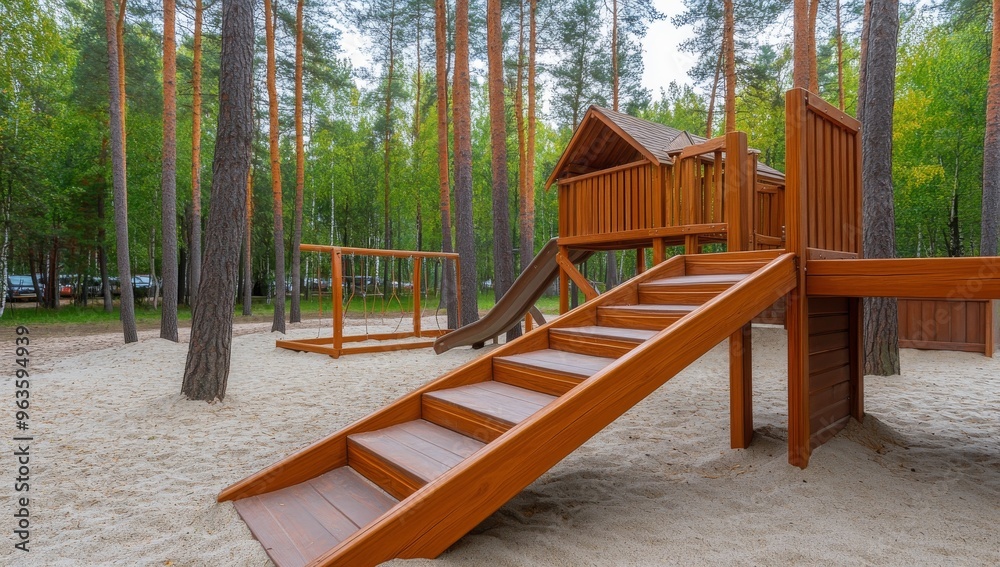 Wooden Playground with Sand and Climbing Frames in Summer Park Wooden Playground with Sand and Climbing Frames in Summer Park