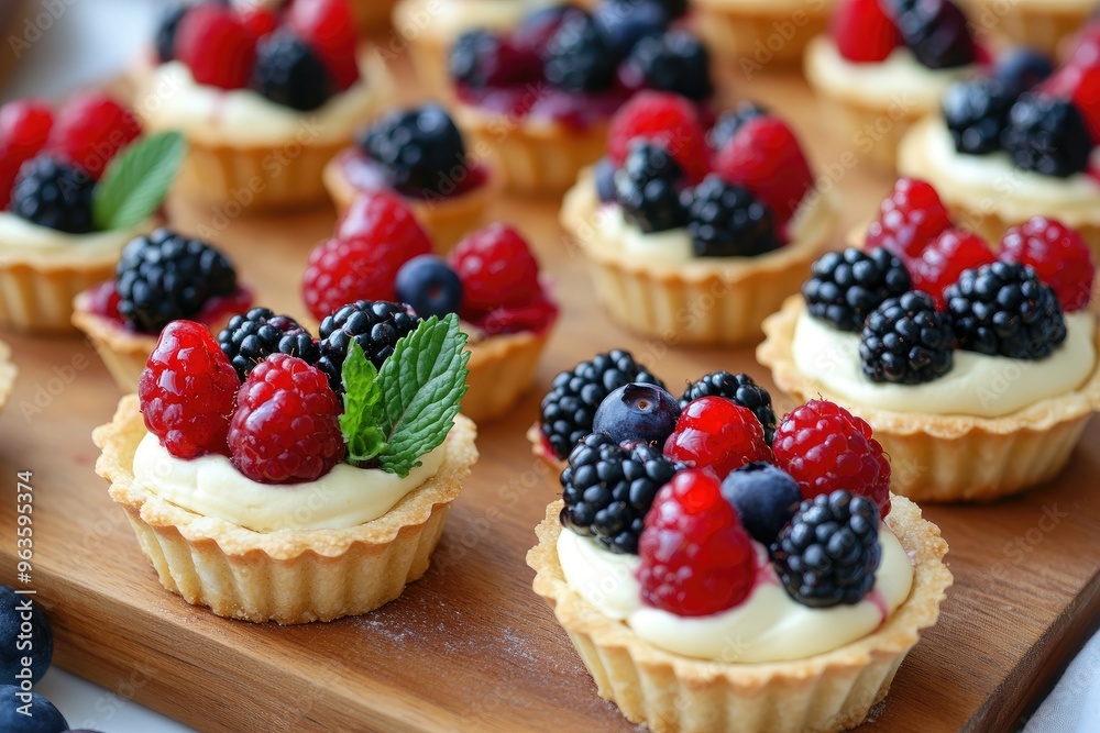 Mini berry tartlets topped with a variety of fresh berries and a mint leaf, displayed on a wooden board Mini berry tartlets topped with a variety of fresh berries and a mint leaf, displayed on a wooden board