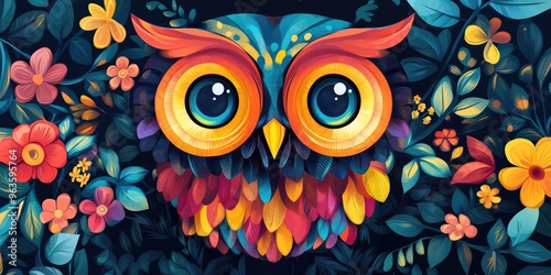 Vibrant Colorful Owl Illustration with Floral Elements, Featuring Bright Colors and Artistic Design for Creative Projects. AI generated illustration. photo