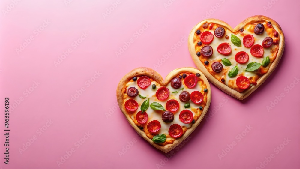 Heart shaped pizzas for Valentine's Day celebration on pink background Heart shaped pizzas for Valentine's Day celebration on pink background
