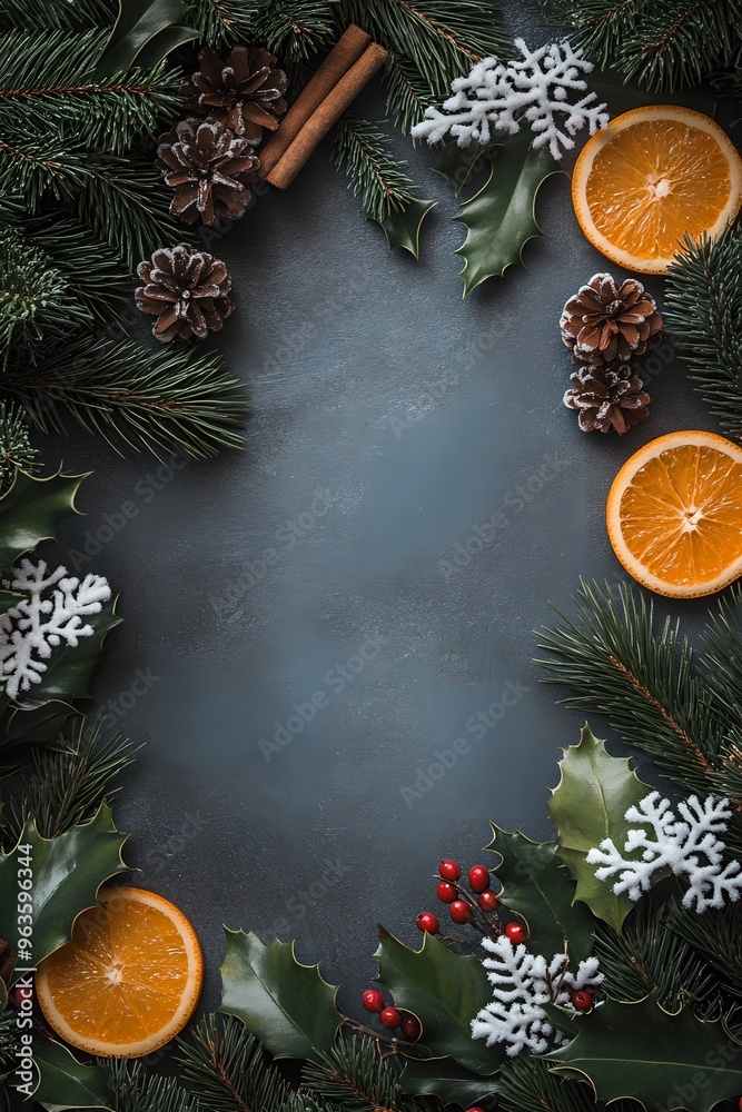 Frame of fir branches, pinecones and orange slices on dark background. Christmas and New Year celebration. Holiday decorations. Top view, flat lay with copy space Frame of fir branches, pinecones and orange slices on dark background. Christmas and New Year celebration. Holiday decorations. Top view, flat lay with copy space