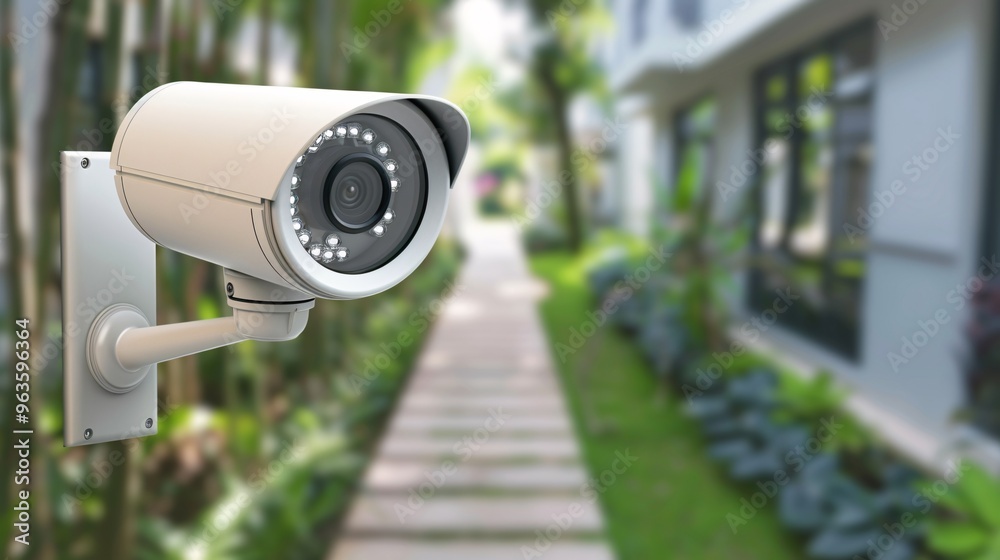 Security Camera Mounted on a Wall Overlooking a Pathway Security Camera Mounted on a Wall Overlooking a Pathway