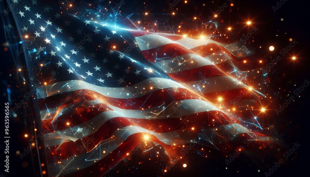 An American flag adorned with sparkles and stars, symbolizing patriotism and celebration in a vibrant display An American flag adorned with sparkles and stars, symbolizing patriotism and celebration in a vibrant display