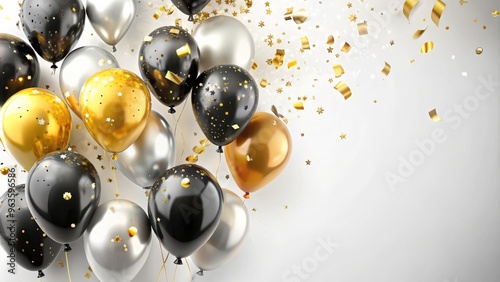 Black gold and silver balloons with confetti for birthdays, anniversaries, and special occasions on white background