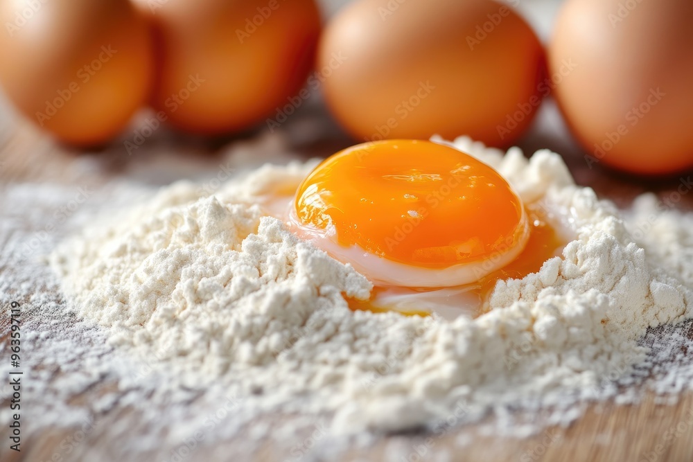 Baking Essentials: Fresh Eggs and Flour on Wooden Surface Baking Essentials: Fresh Eggs and Flour on Wooden Surface