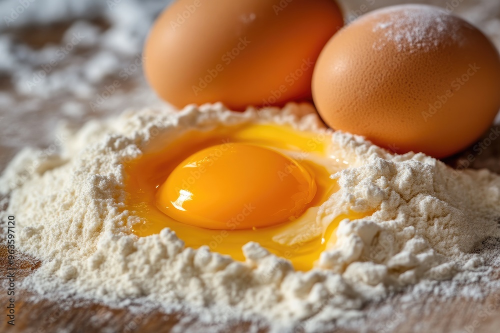 Eggs in Flour Dust on Rustic Wooden Kitchen Table Eggs in Flour Dust on Rustic Wooden Kitchen Table