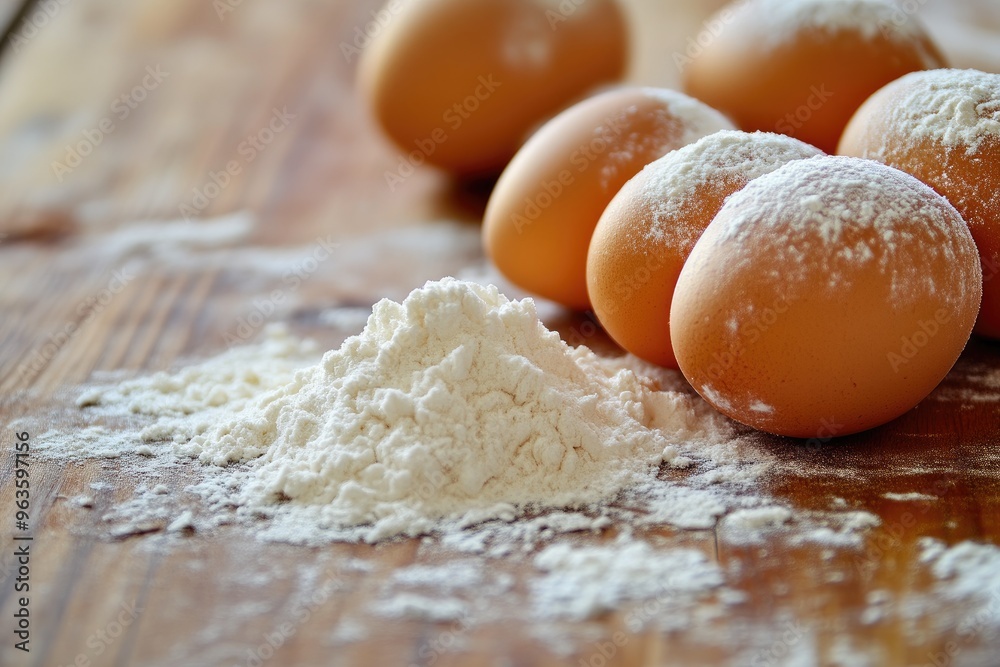 White Flour and Raw Eggs Arranged on Wooden Table White Flour and Raw Eggs Arranged on Wooden Table