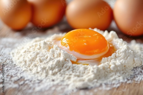 Baking Essentials: Fresh Eggs and Flour on Wooden Surface