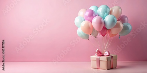 A festive arrangement of pastel balloons tied to a gift box on a pink background, perfect for birthdays or holidays