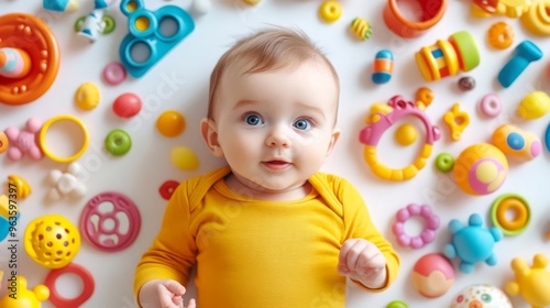 Adorable baby in a yellow onesie, surrounded by colorful toys on a white background, captured in a heartwarming and playful moment.