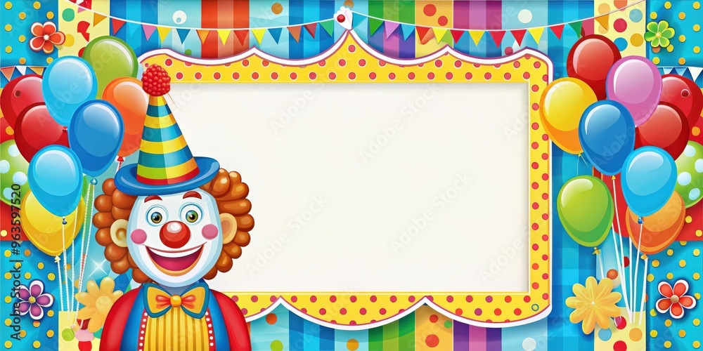 Colorful clown themed party invitation frame with space for text, balloons, confetti, whimsical design Colorful clown themed party invitation frame with space for text, balloons, confetti, whimsical design