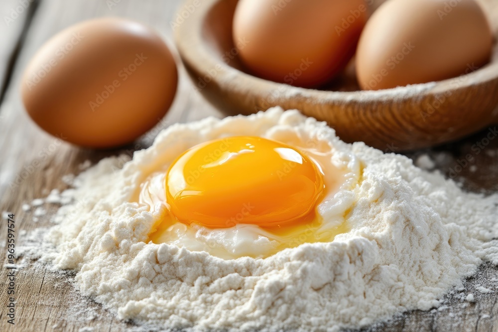 Detail Shot of Eggs and Flour on Wooden Cooking Surface Detail Shot of Eggs and Flour on Wooden Cooking Surface