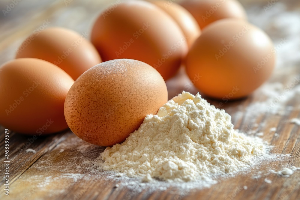 Ingredients Spread Out: Eggs and Flour on Wood Ingredients Spread Out: Eggs and Flour on Wood