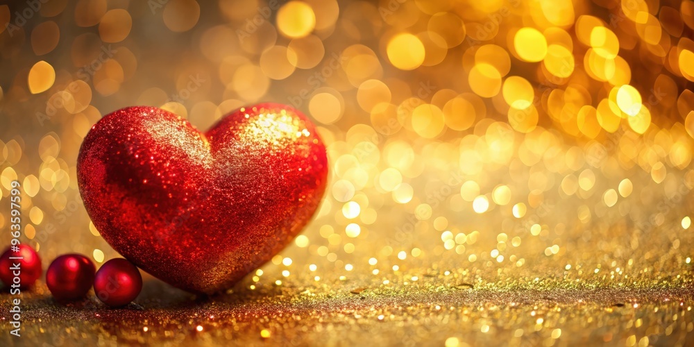 Valentine's Day heart on golden glitter abstract background with festive decorations