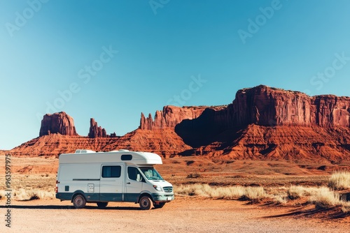 Camper van set up at a desert campsite, red rock formations in the background