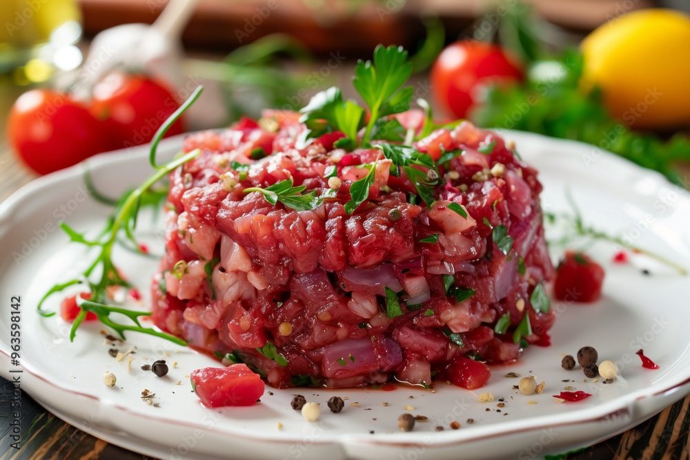 steak tartare dish of raw beef meat, selective focus steak tartare dish of raw beef meat, selective focus