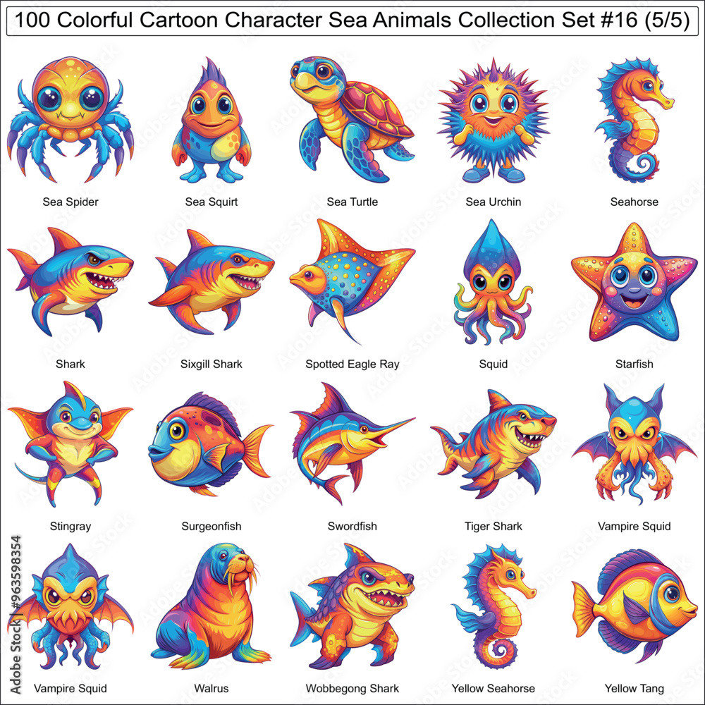 Fototapeta premium Colorful Cartoon Character Sea Animals Collection Set of 100 Isolated Animals Part 5