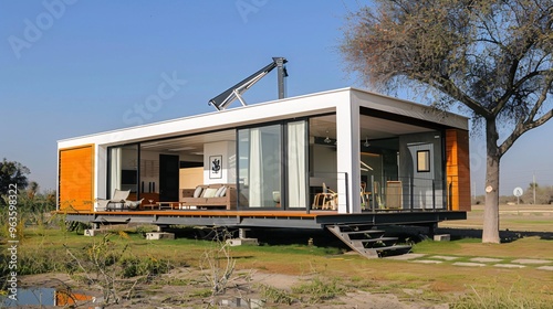 Modern prefabricated house on stilts in a rural setting