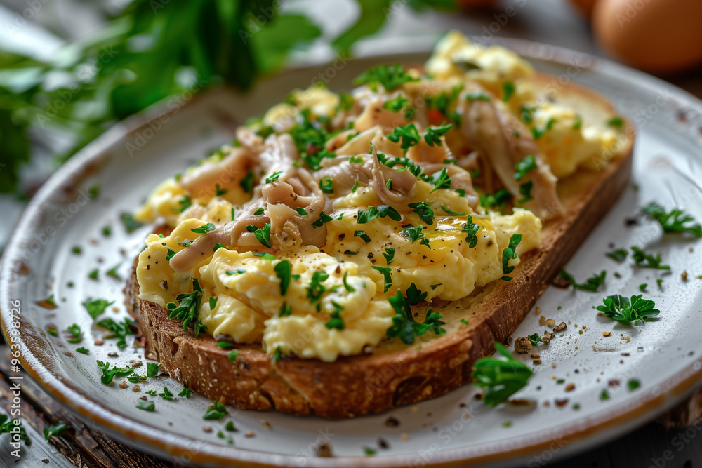 scrambled eggs on toast garnished with anchovies, selective focus scrambled eggs on toast garnished with anchovies, selective focus