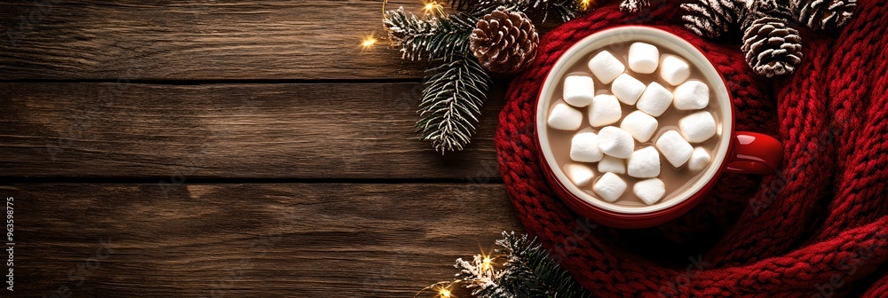 Cup of hot chocolate with marshmallows, fir branches, and plaid blanket on wooden background. Flat lay, top view. Winter holiday, Christmas and New Year celebration concept. Banner with copy space Cup of hot chocolate with marshmallows, fir branches, and plaid blanket on wooden background. Flat lay, top view. Winter holiday, Christmas and New Year celebration concept. Banner with copy space