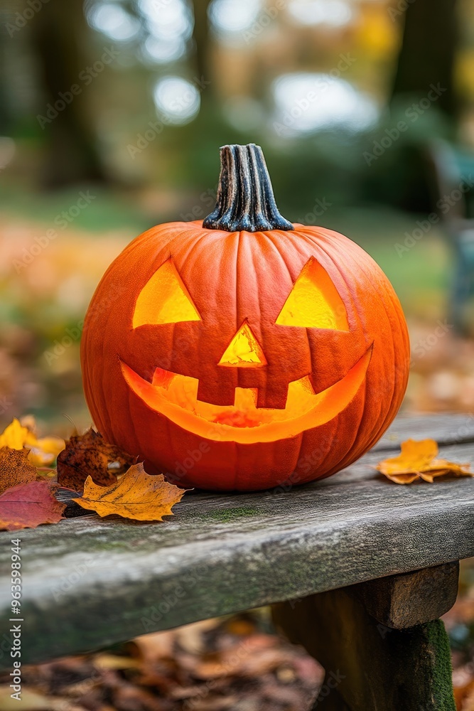 Halloween Pumpkin with Autumn Leaves and Bench Halloween Pumpkin with Autumn Leaves and Bench