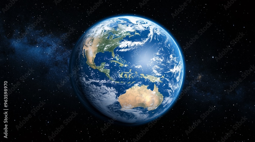 Obraz premium A stunning view of the Earth from space, showcasing the planet's blue oceans, green continents, and swirling clouds against a backdrop of twinkling stars.