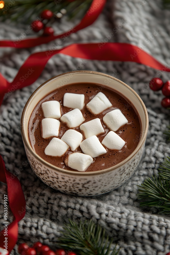 Cup of hot chocolate with marshmallows and red ribbon on gray blanket plaid background. Flat lay, top view. Winter holiday, Christmas and New Year celebration concept. Cup of hot chocolate with marshmallows and red ribbon on gray blanket plaid background. Flat lay, top view. Winter holiday, Christmas and New Year celebration concept.