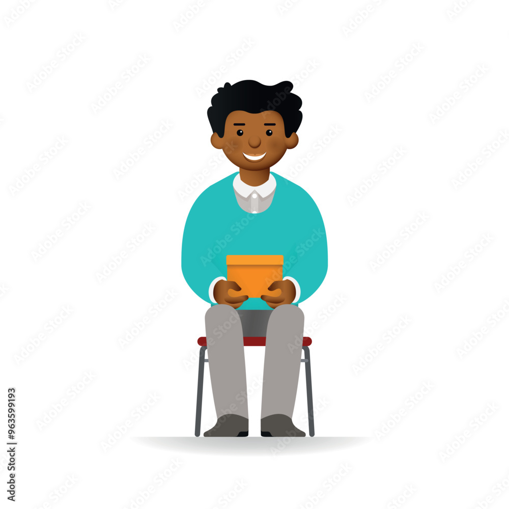 Vector cheeky african man character sitting and holding box Vector cheeky african man character sitting and holding box