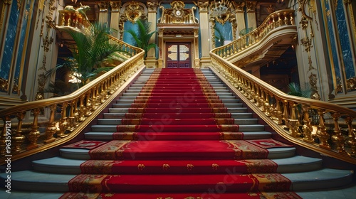 Ornate Golden Staircase with Red Carpet in a Luxurious Interior