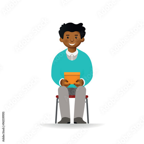 Vector cheeky african man character sitting and holding box