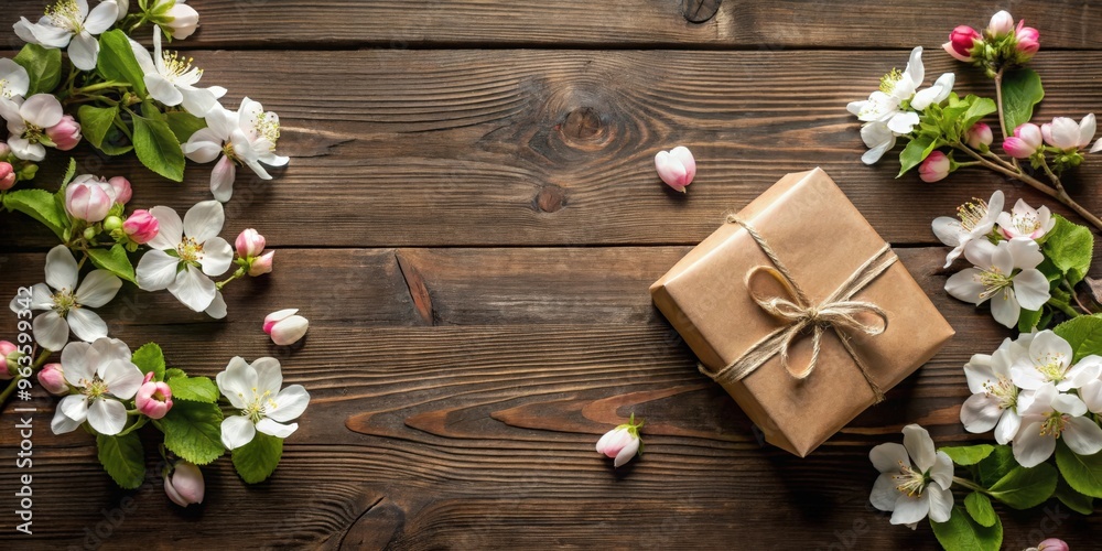 Apple blossom and gift boxes on a dark wooden background with copy space