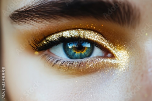 Intricate Detail of Eye with Radiant Gold Glitter Eyeshadow