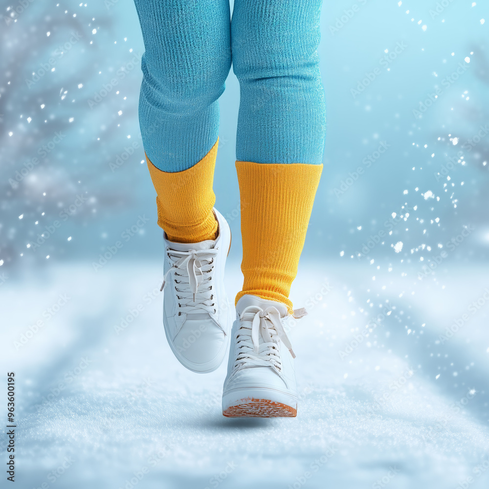 Brightly colored legs in winter walk through a snowy path Brightly colored legs in winter walk through a snowy path