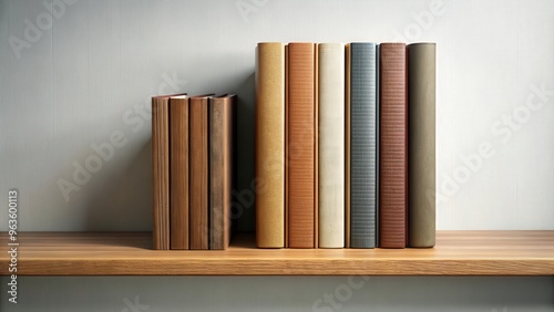 Row of four books standing upright on a shelf