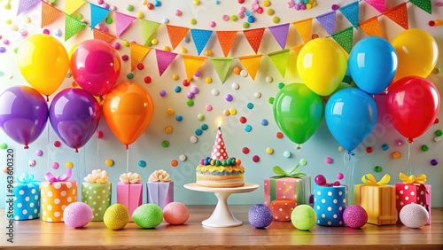 Bright and colorful first birthday party with balloons, confetti, and celebration