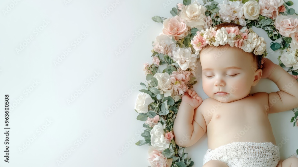 Adorable baby sleeping peacefully surrounded by flowers, creating a serene and angelic atmosphere, perfect for newborn and maternity themes. Adorable baby sleeping peacefully surrounded by flowers, creating a serene and angelic atmosphere, perfect for newborn and maternity themes.