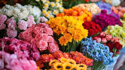 A vibrant flower market brimming with colorful bouquets, showcasing a rich array of blooming flowers in various hues and arrangements